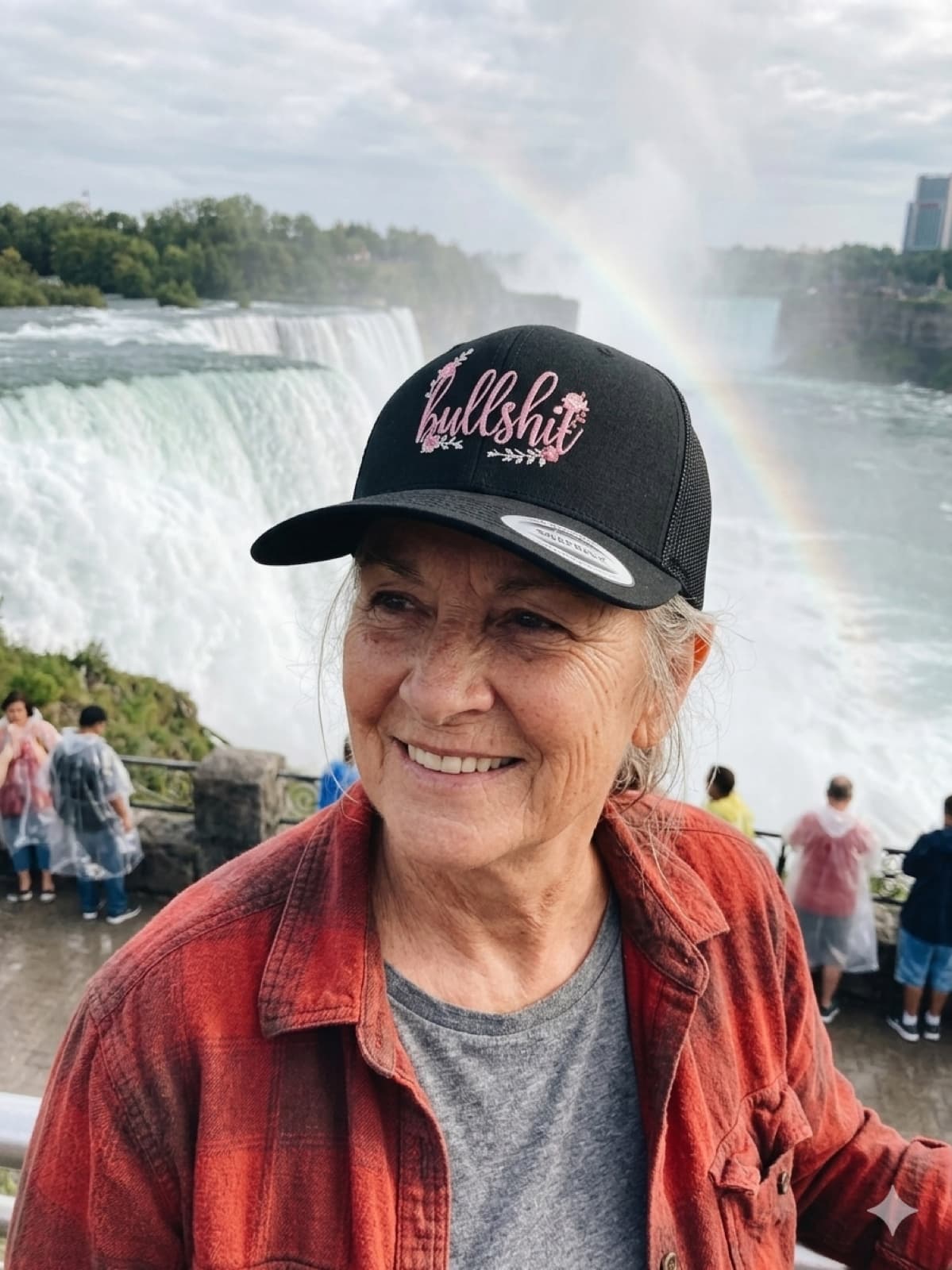 Black Bullshit Hat model at Niagara Falls